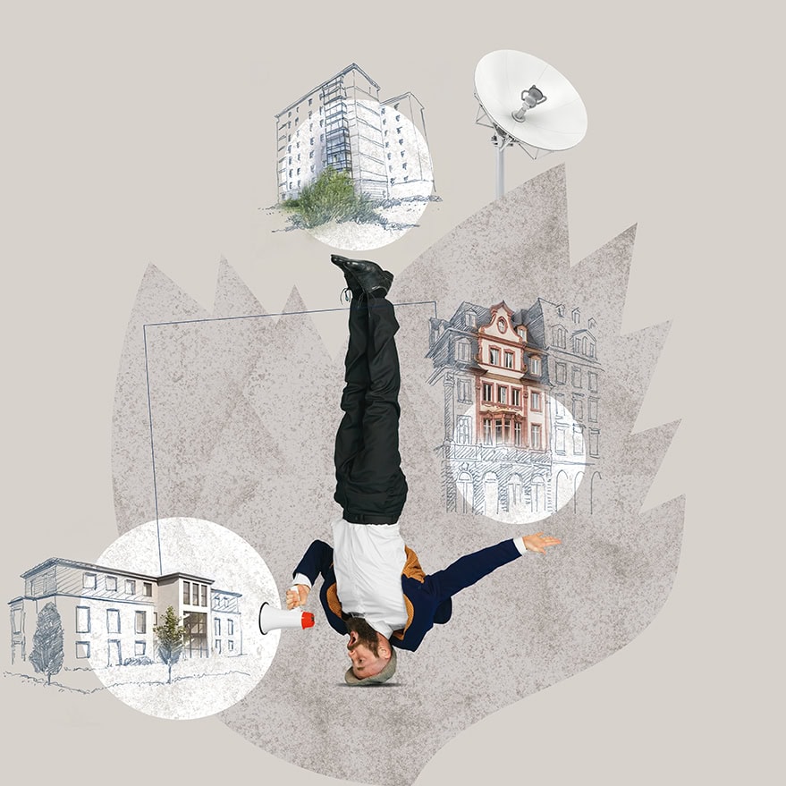 Illustration einer mehrerer Immobilien, im Vordergrund steht ein Mann auf dem Kopf und ruft in ein Megaphon