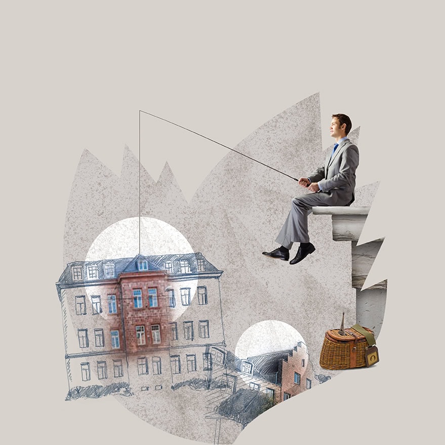 Illustration einer Immobilie, die am Angelhaken eines Mannes im Anzug hängt