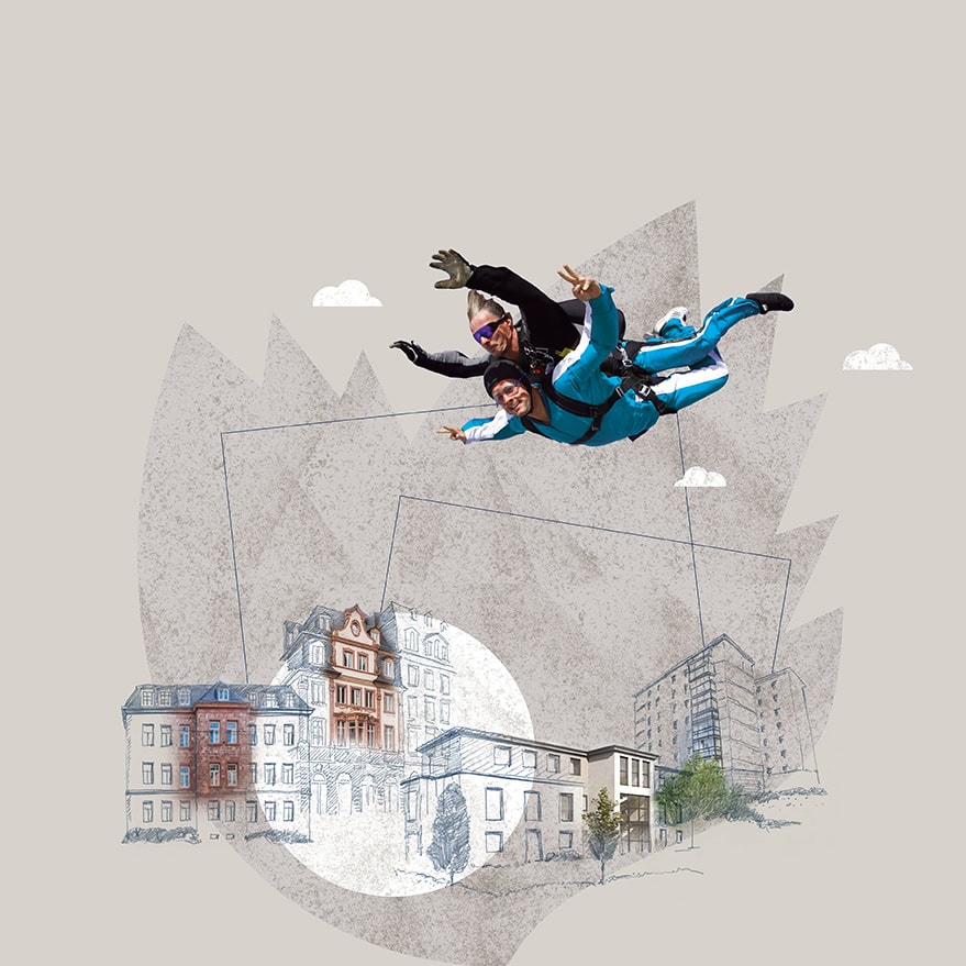 Illustration mehrerer Immobilien, im Vordergrund machen 2 Personen einen Tandemsprung