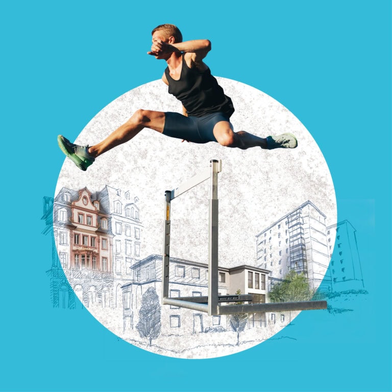 Illustration mehrerer Gebäude, im Vordergrund macht eine Person Hürdenlauf