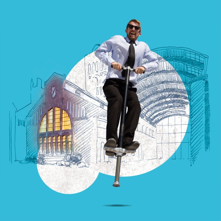 Illustration einer Immobilie, im Vordergrund hüpft ein junger Mann im Anzug auf einem Pogo Stick