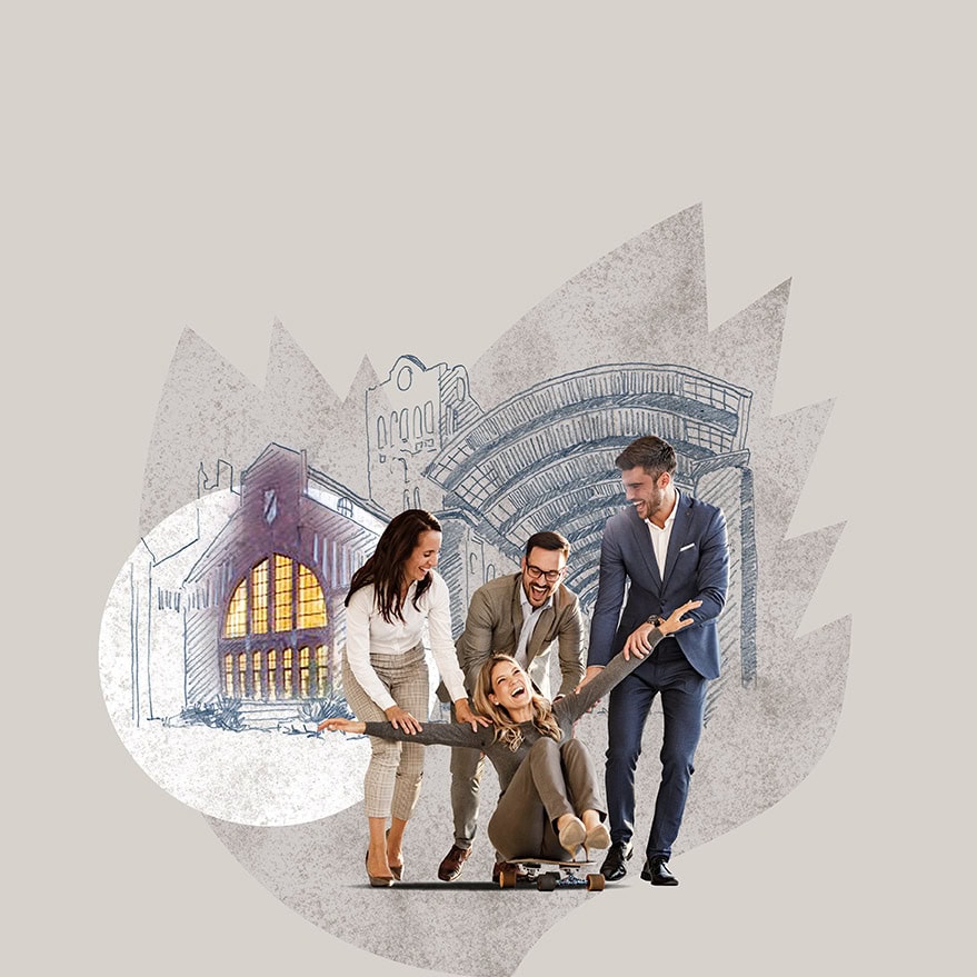 Illustration einer Immobilie, im Vordergrund schieben 2 Männer und eine Frau lachend eine weitere Frau auf einem Skateboard